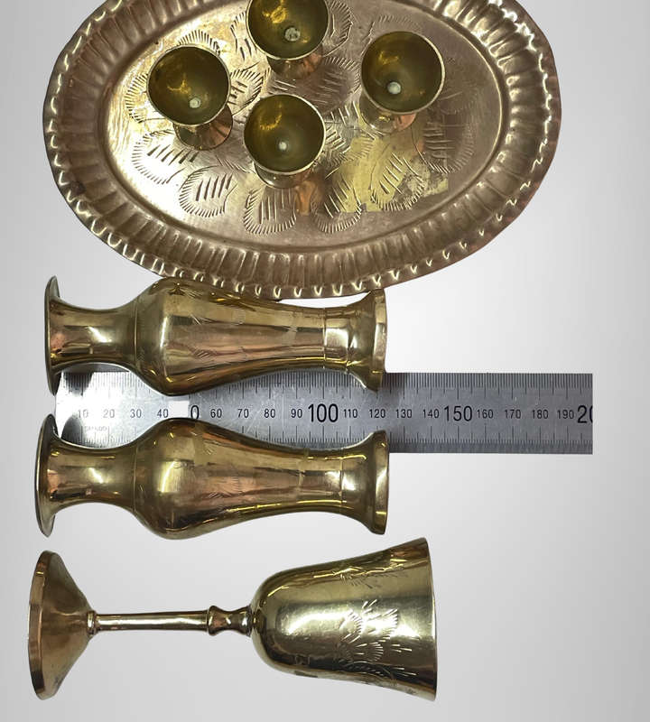 8-Piece Vintage Brass Set  Made in India  Includes Vases, Goblets & Tray  Approx. 12cm Vases