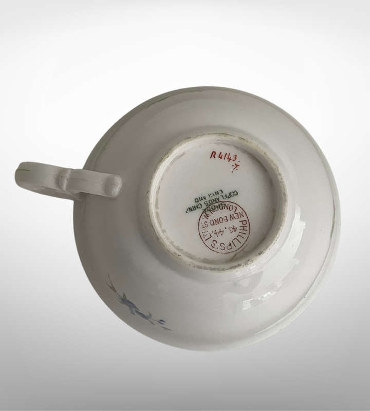 Antique Spode Copelands Tea Cup & Saucer  Ditsy Florals, Green Rim, Phillips Ltd Mark (19081929)