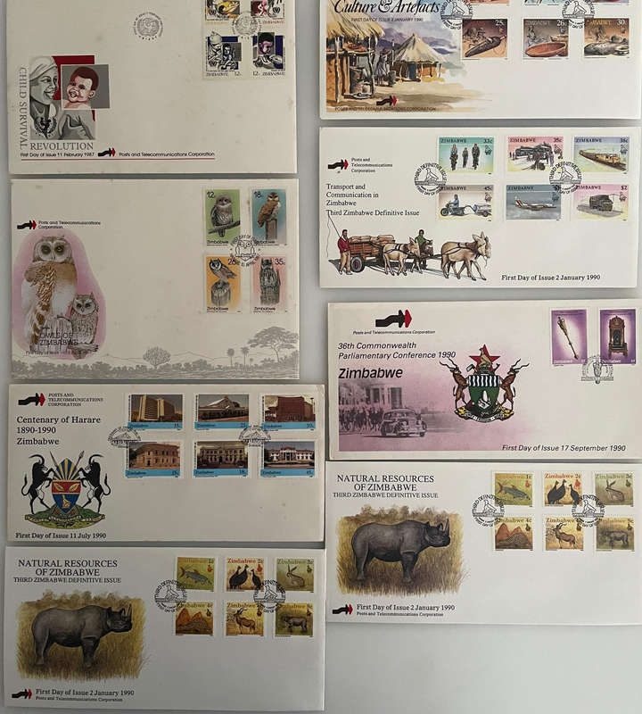 Lot of 32 Zimbabwe First Day Covers & 10 Postcards (19821993)  Wildlife, Olympics, Steam, Minerals