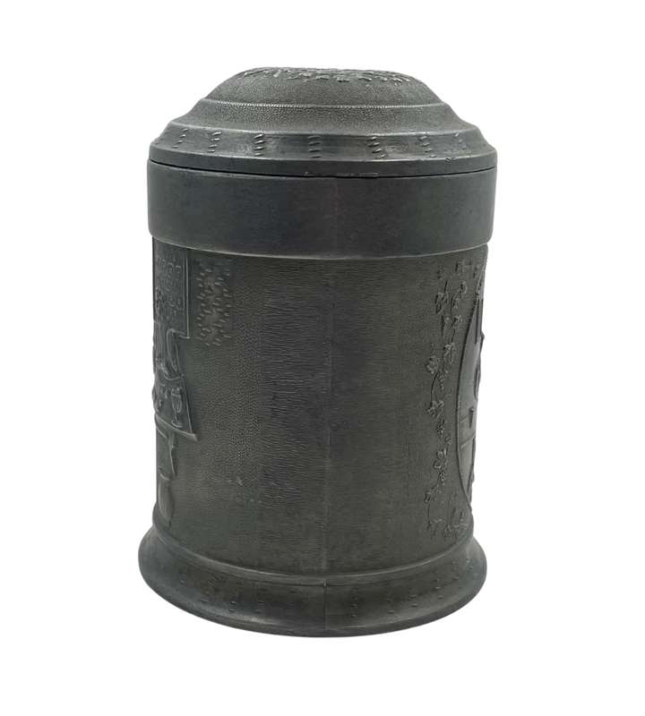 Vintage 1950s European Pewter Tankard with Flat Lid and Raised Relief Scenes  Angel Quality Mark