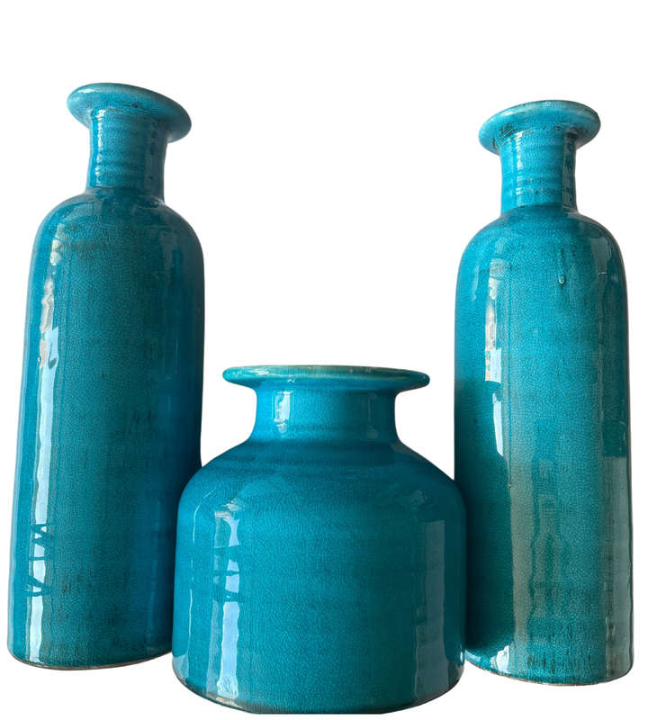 40cm Large Modern Crackle Glaze Turquoise Blue Ceramic Vases  3-Piece Set