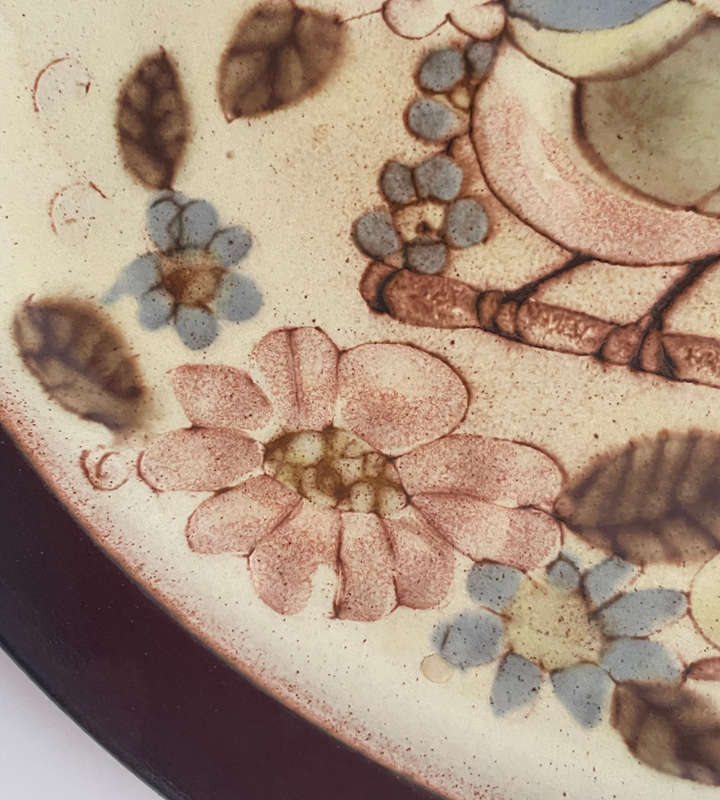 Vintage Shino-Style Studio Stoneware Serving Platter  Birds & Floral Motif (35.5cm) c1970's