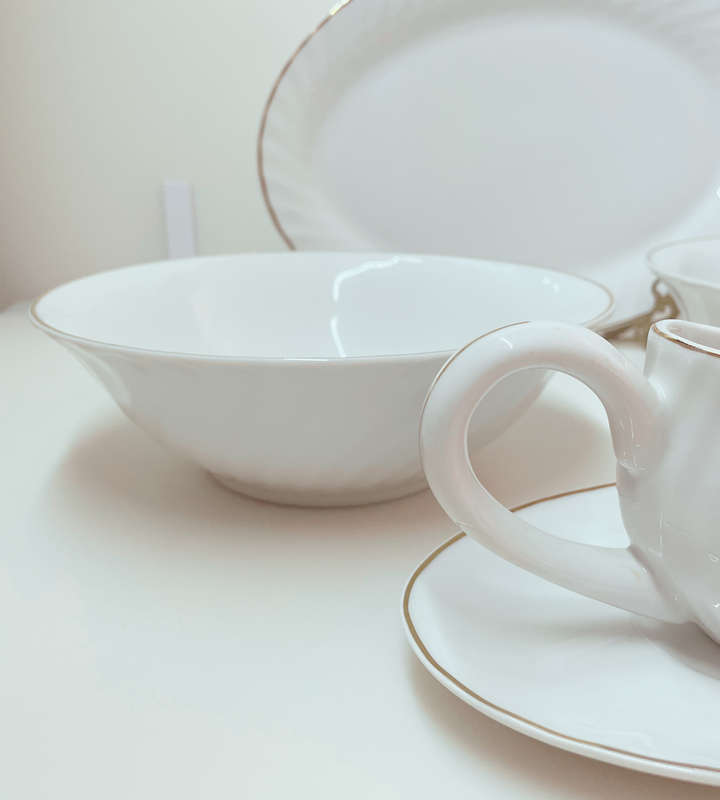 Rare 1960s Italian White & Gold Porcelain Serving Set by Bellini  Set of 5 + Crystal Fork