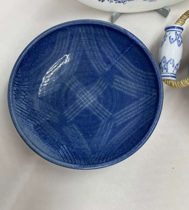 Heavy Scandinavian Blue Pottery Bowl & Vintage Handwoven Straw Basket with Ceramic Handles