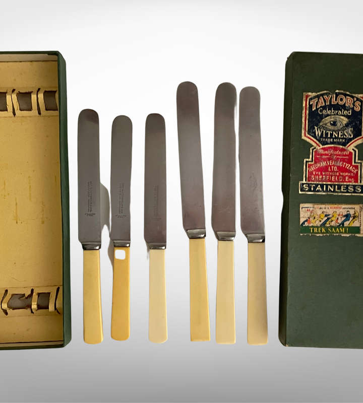 6 Sheffield-Made Knives  3 Taylors Eye Witness Butter Knives in Original Box & 3 George Wo