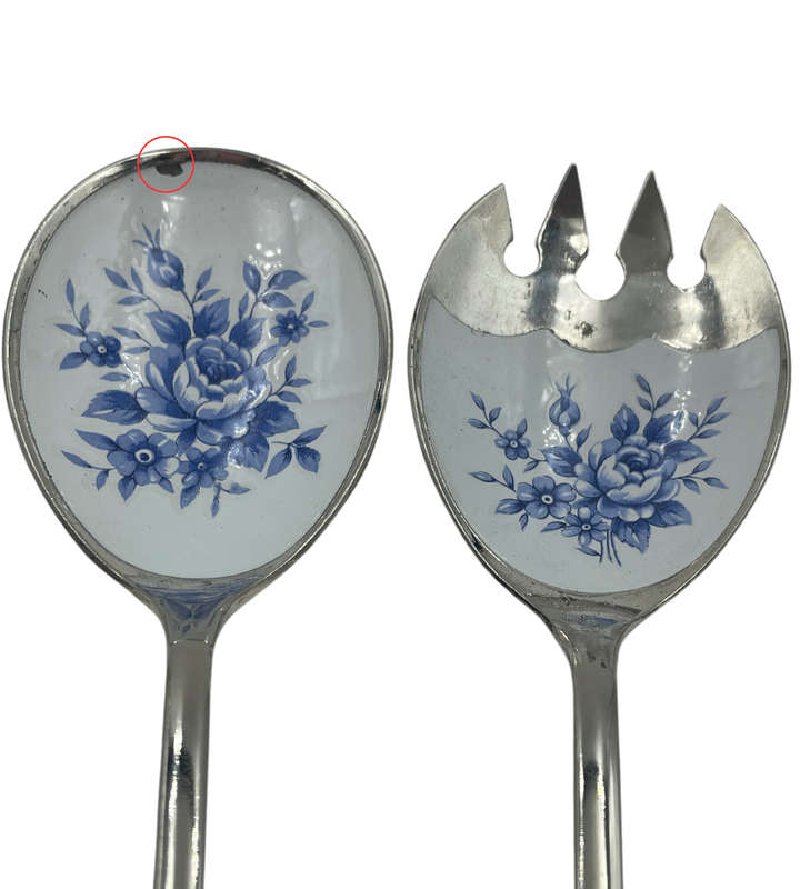 Vintage Salad Serving Spoon Set with Blue and White Cloisonné Enamel Rose Design