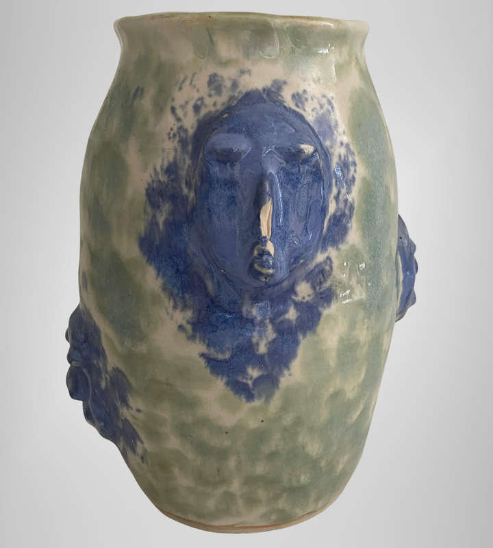 Unique Unmarked Stoneware Vase  Four Faces  Super Heavy Glaze  Brutalist Pottery- Studio Pottery