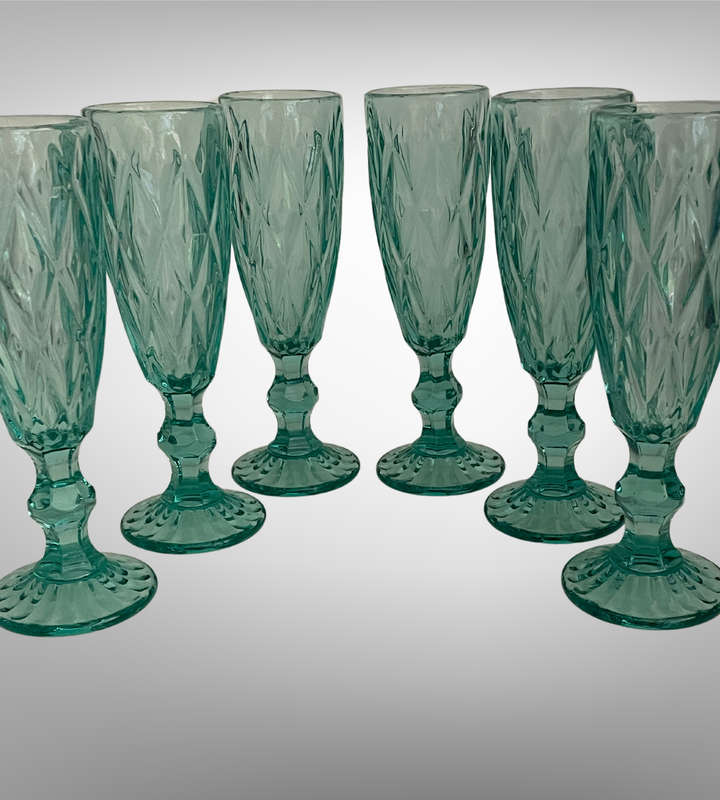 Set of 6 Green Champagne Flutes | 300ml Diamond Pattern Pressed Glass | Vintage Style | Used