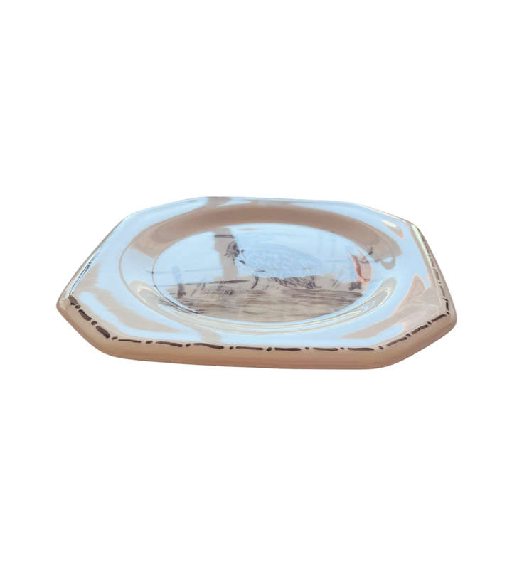 HERON Minimalist Zen Art Wall Plate by Clive, 2002  Hand-Painted Ceramic, Squarish Octagonal Shape