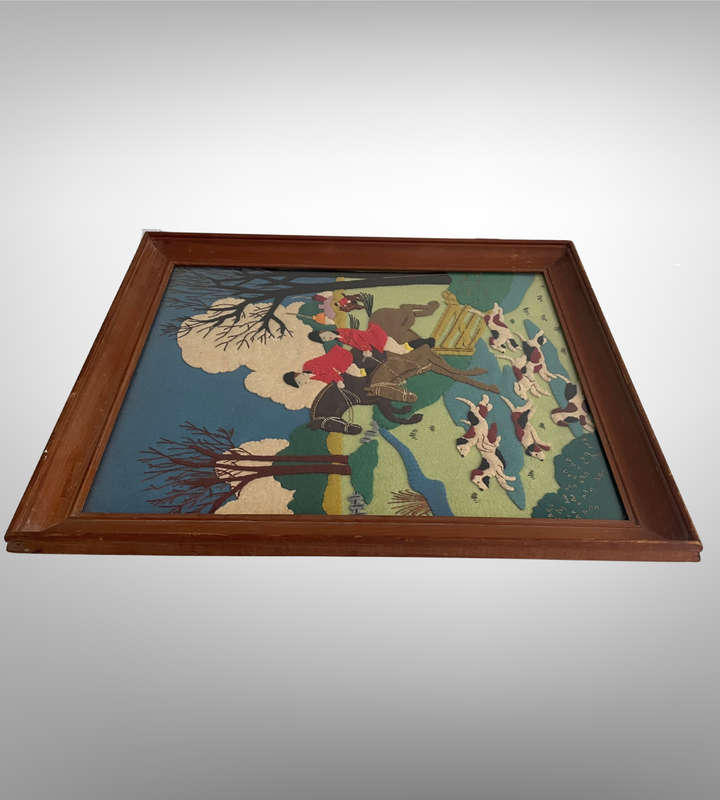 1930s Framed Felt Appliqué Artwork  "The Hunt"  Equestrian & Hound Scene  Wool Felt  54cm x 47cm