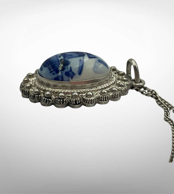 Small 925 Sterling Silver Choker Necklace with Holland Delft Style Ceramic Pendant  Dainty 39cm