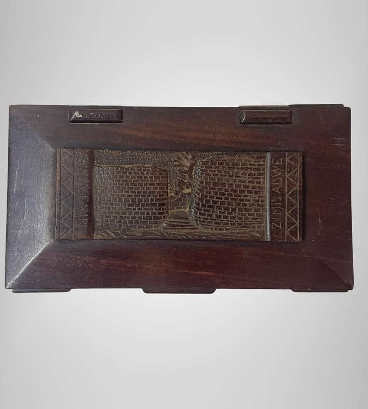Vintage Zimbabwe Wooden Souvenir Jewelry Box  Carved Great Zimbabwe Walls & Tree, 18cm