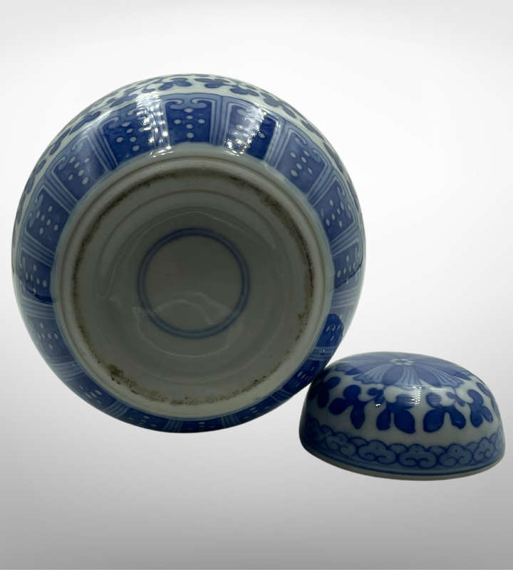 Antique Chinese Blue & White Ginger Jar  Hand-Painted Bao Xiang Hua Lotus Peony Scroll  12cm