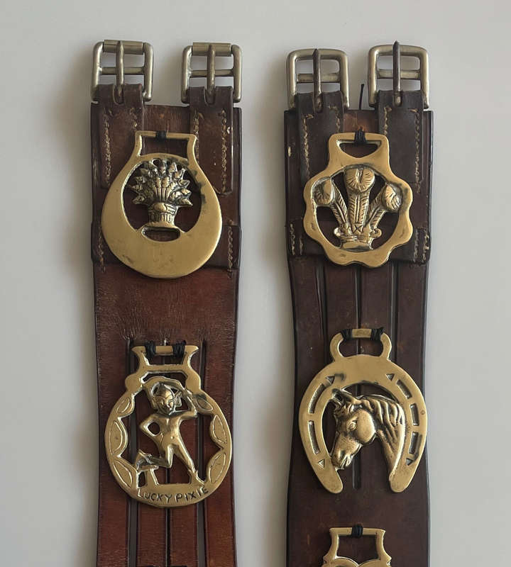 Vintage Genuine Leather South African Police Horse Straps with 10 Brass Medallions  70 cm