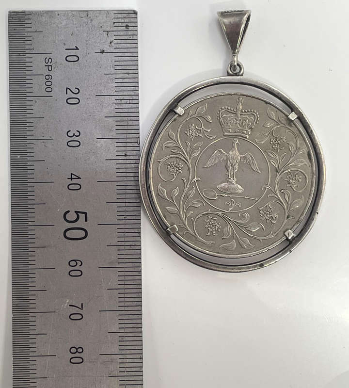 1977 Queen Elizabeth II Coin Pendant  35g, Marked Silver  Large 60mm Statement Piece