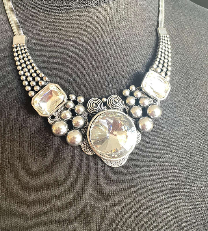 Bold Chunky Statement Necklace  Silver-Tone Snake Chain with Clear Crystal Accents (47cm)