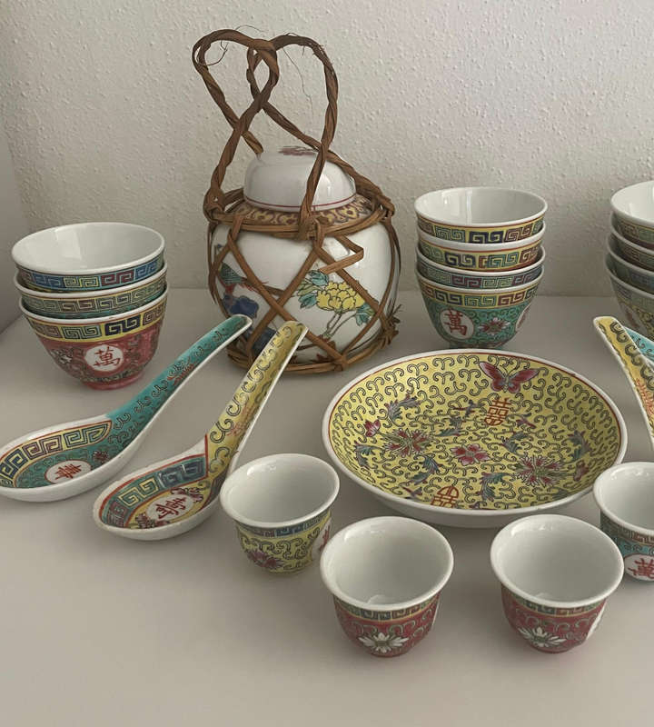 Vintage Famille Rose Mun Shou Longevity Porcelain Mixed Set  (22 Pieces)