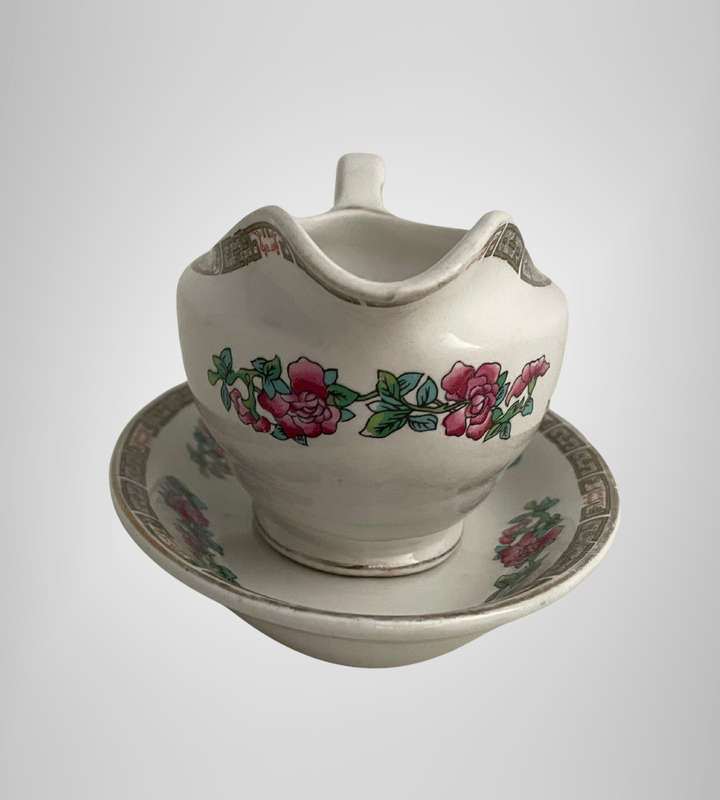1930s John Maddock & Sons Indian Tree Sauce Boat with Matching Saucer  Royal Vitreous, England