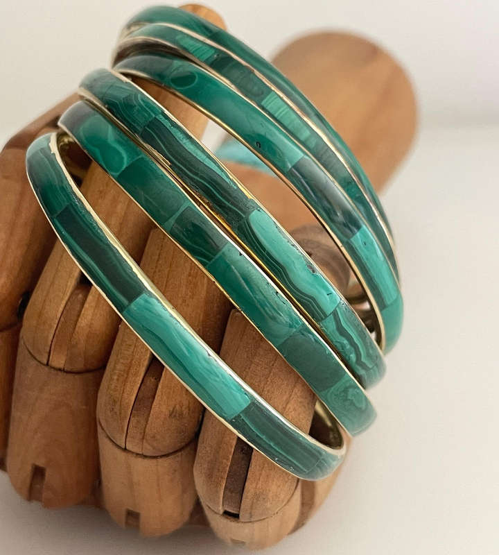 1970s Hand Made Congo Malachite & Brass Bangles - Banded Flower Malachite - Sold Per Piece