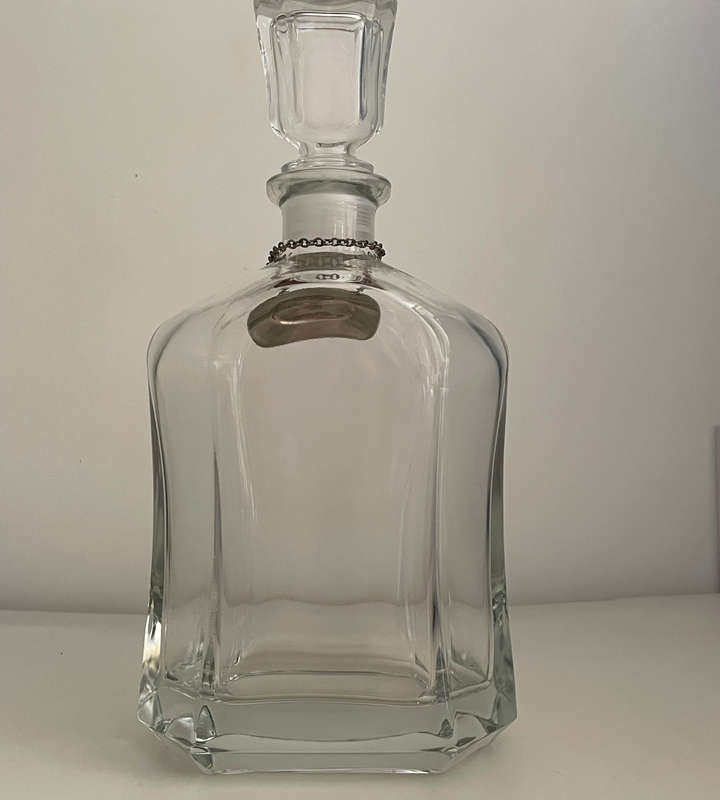 Capitol 750ml Hexagonal Glass Decanter with Stopper | 2 Silverplate Ianthe Decanter Labels