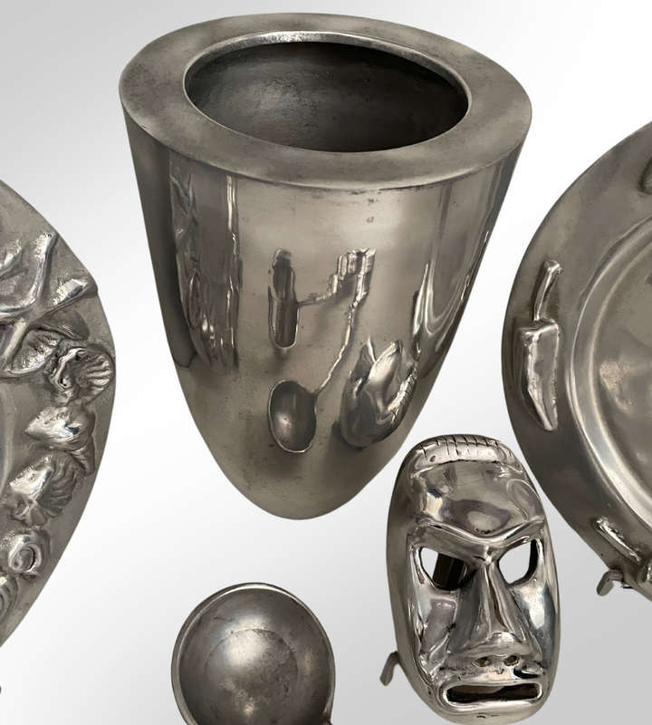Lot of 5 Pewter Décor Items - Sea Shell Dish, Chilly Dish, Salad Servers, Mask, & Vase