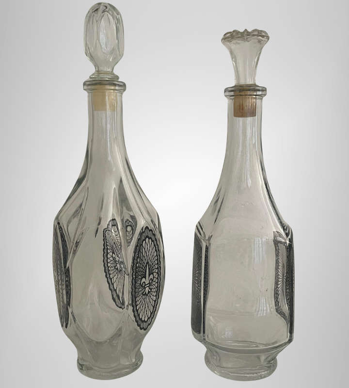 MCM Pair of Vintage Belgian Glass Carafe Bottles with Stoppers  0.75L & 0.5L  Retro Barware Décor