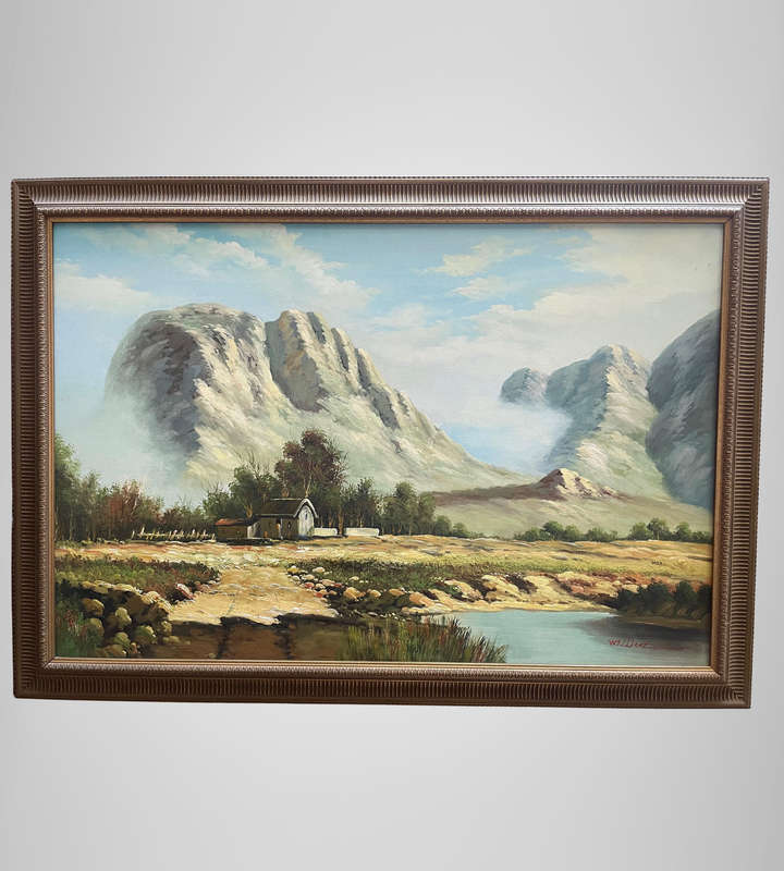Large Framed Original Oil Painting Signed William | Majestic Mountain Landscape | 102.5cm x 72.5cm