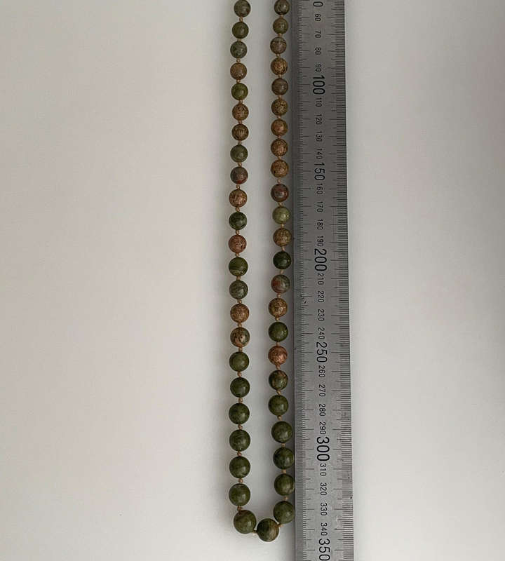 Heavy 54-Bead Unakite Necklace 11mm Rosary Style  Individually Knotted with Silverplated Clasp  70