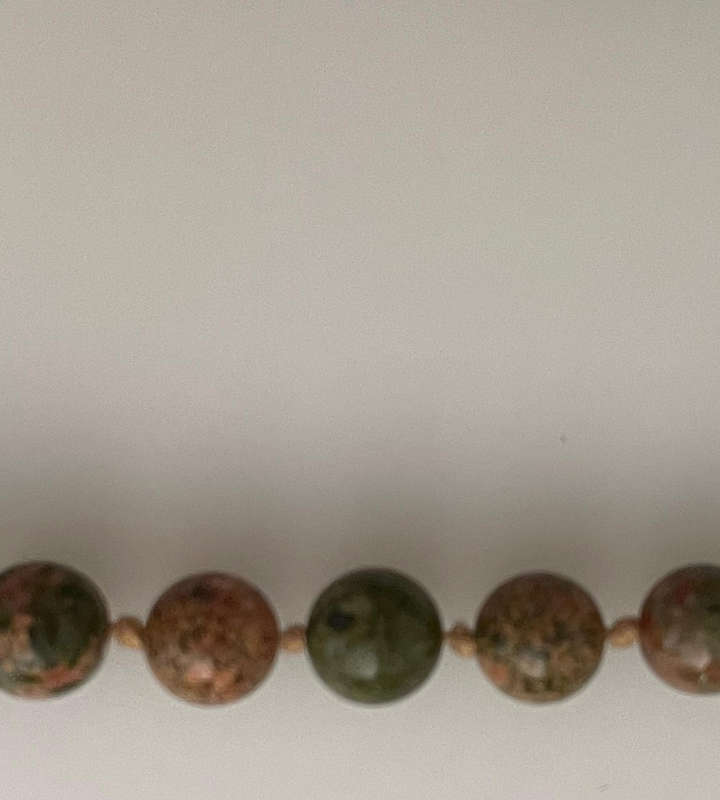 Heavy 54-Bead Unakite Necklace 11mm Rosary Style  Individually Knotted with Silverplated Clasp  70