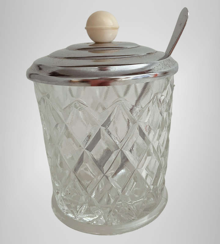 Vintage 1960s Pressed Glass Jam Jar / Sugar Bowl  Chrome Lid & Spoon  Star Base  9cm Tall