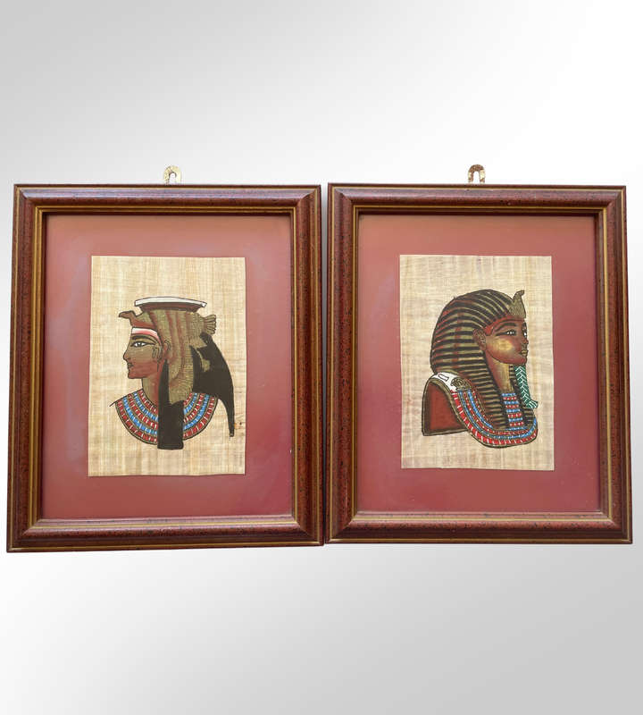2 Piece Small 32.5cm Vintage Delta Papyrus Factory Framed Egyptian Artworks