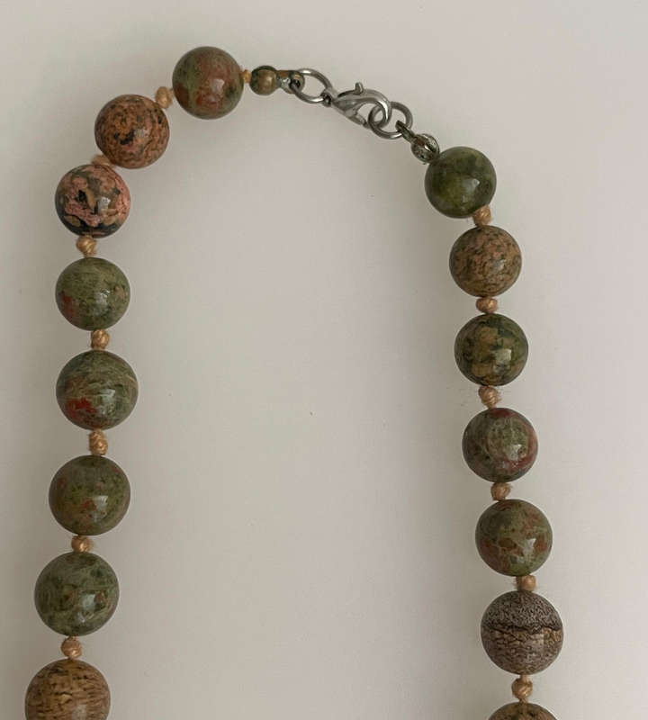 Heavy 54-Bead Unakite Necklace 11mm Rosary Style  Individually Knotted with Silverplated Clasp  70
