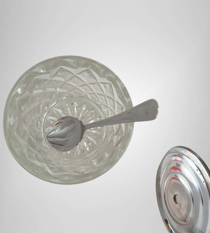 Vintage 1960s Pressed Glass Jam Jar / Sugar Bowl  Chrome Lid & Spoon  Star Base  9cm Tall
