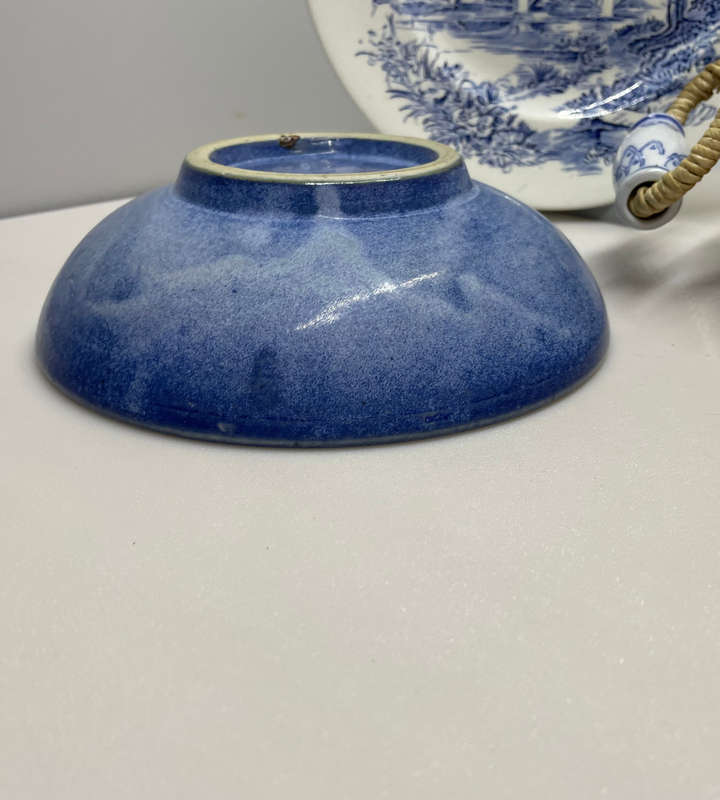 Heavy Scandinavian Blue Pottery Bowl & Vintage Handwoven Straw Basket with Ceramic Handles
