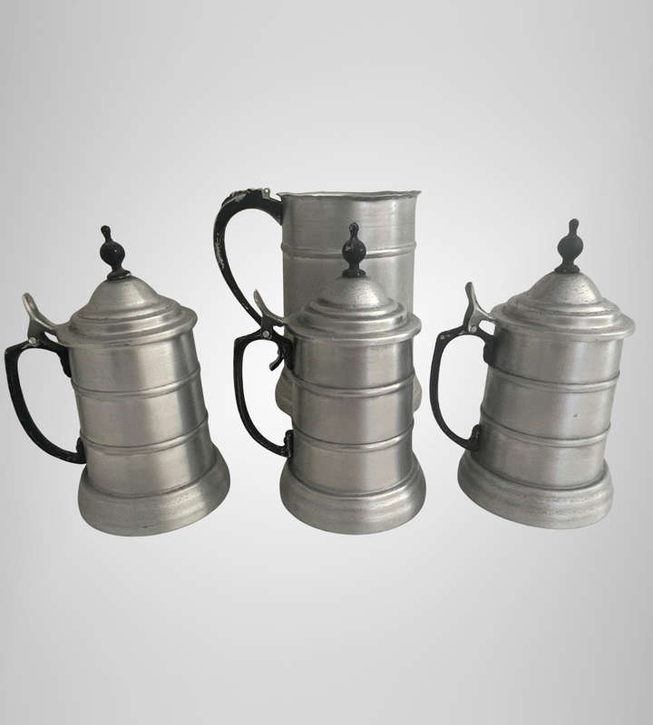 4-Piece Vintage 1970s German Style Beer Stein Set  3x Lidded Aluminum Steins + 1x Jug