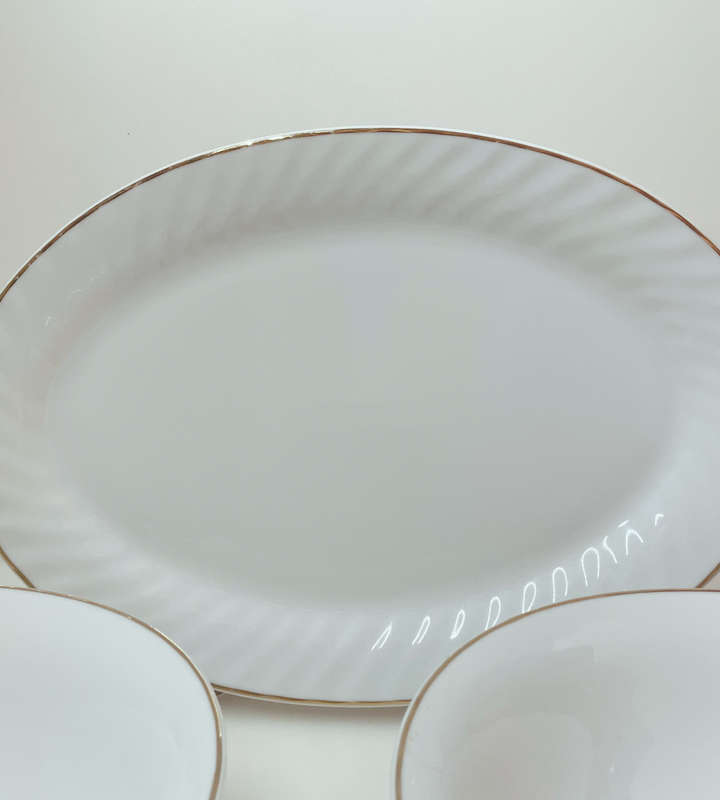 Rare 1960s Italian White & Gold Porcelain Serving Set by Bellini  Set of 5 + Crystal Fork