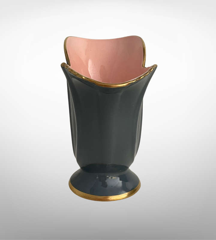 Vintage Carlton Ware Small Shell-Shaped Vase  Grey with Gold Trim & Pink Interior (1979)