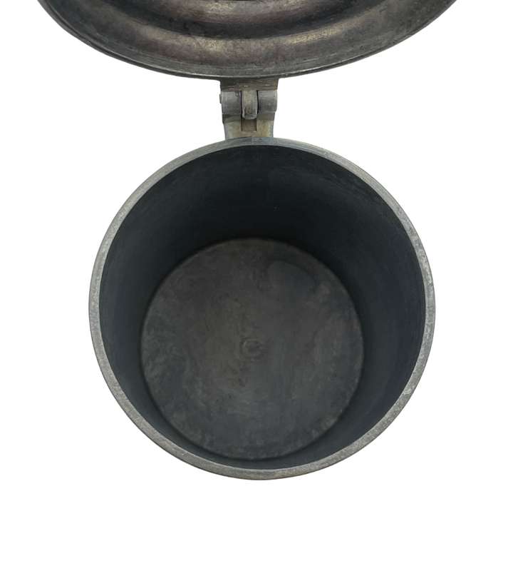 Vintage 1950s European Pewter Tankard with Flat Lid and Raised Relief Scenes  Angel Quality Mark