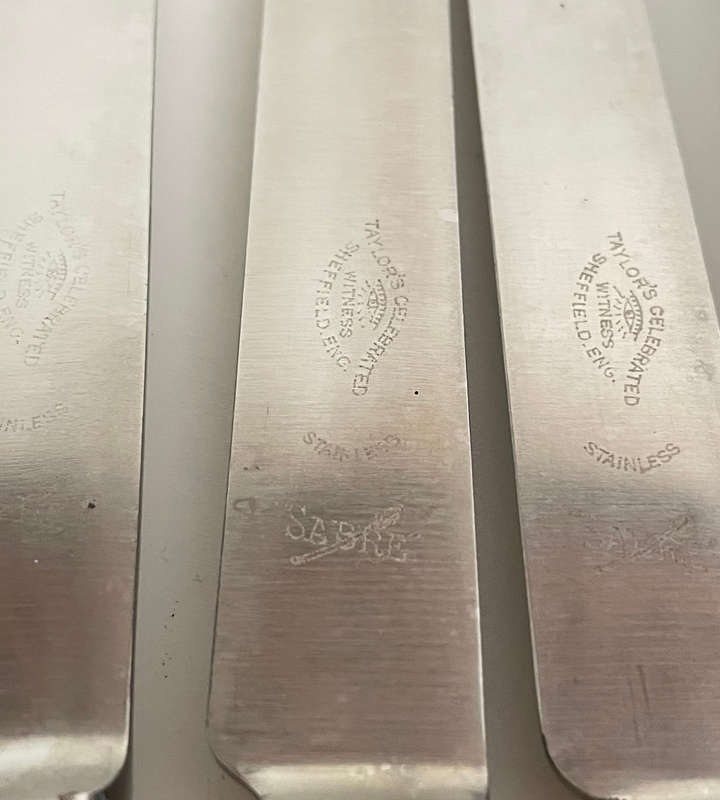 6 Sheffield-Made Knives  3 Taylors Eye Witness Butter Knives in Original Box & 3 George Wo