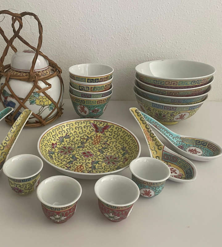 Vintage Famille Rose Mun Shou Longevity Porcelain Mixed Set  (22 Pieces)