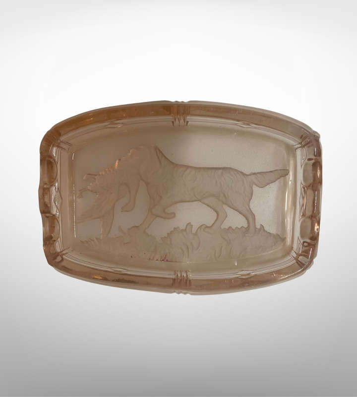 1930s Czech Art Deco Pink Intaglio Glass Ashtray  Hunting Dog Design