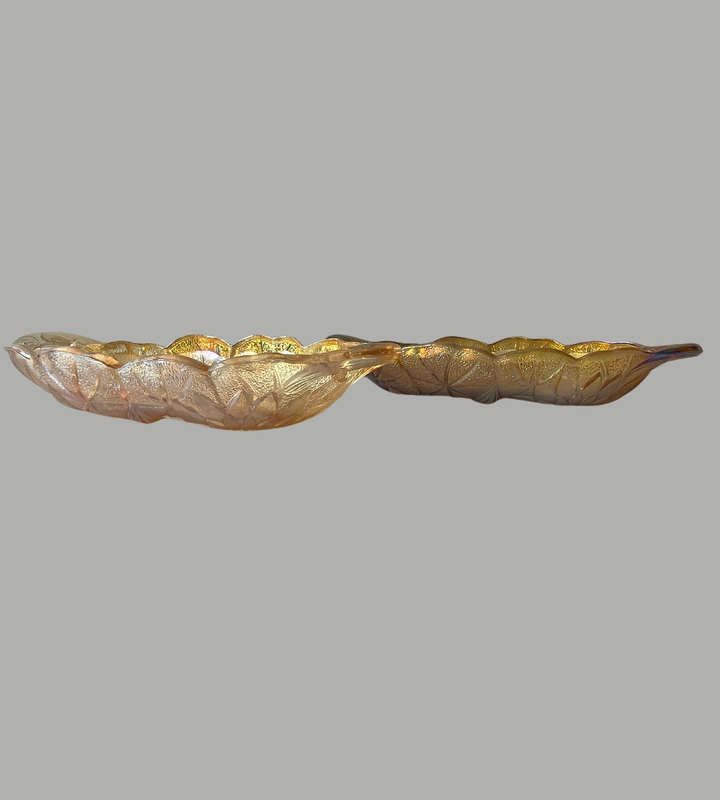 Set of 2 Iridescent Marigold Carnival Glass Relish Dish  Indiana Glass, Oval Sunflower Design