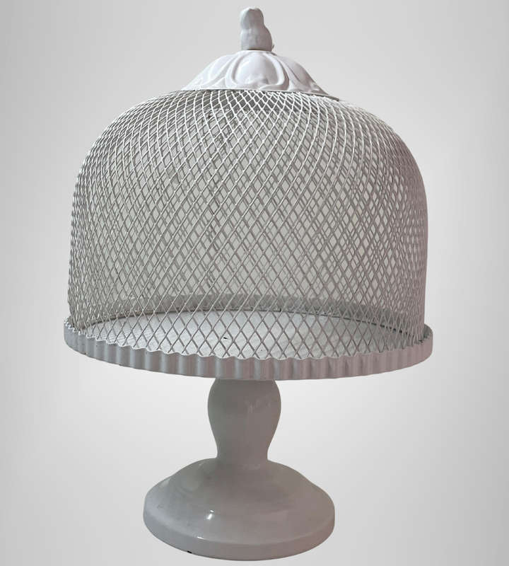 White Metal Cake Stand with Bird-Top Mesh Cover  25cm Wide