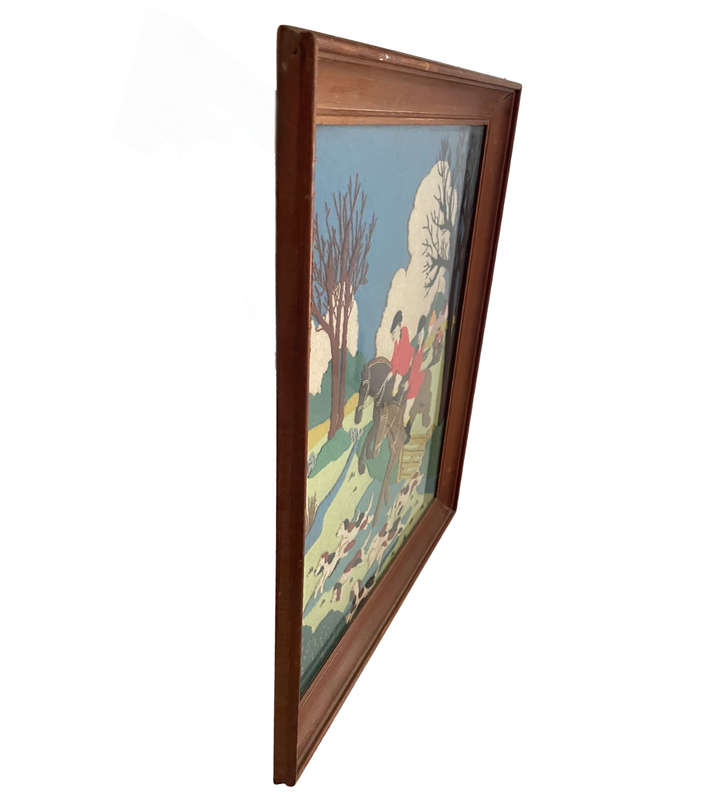 1930s Framed Felt Appliqué Artwork  "The Hunt"  Equestrian & Hound Scene  Wool Felt  54cm x 47cm