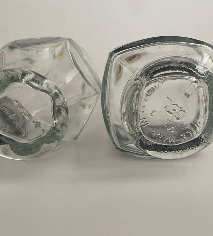 MCM Pair of Vintage Belgian Glass Carafe Bottles with Stoppers  0.75L & 0.5L  Retro Barware Décor