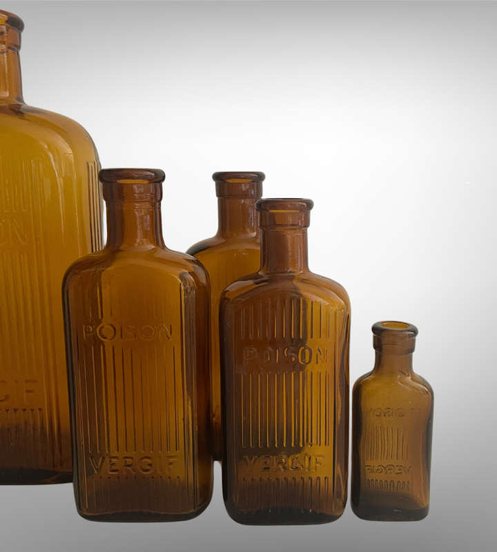 Vintage Amber Glass POISON | VERGIF Bottles  Set of 5  Bargain Clearance!