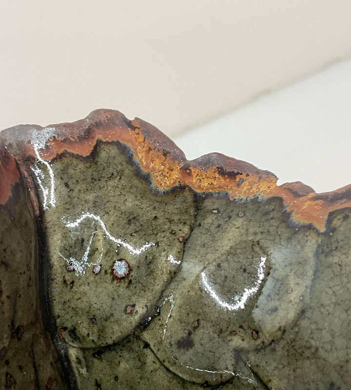 Studio Pottery Bowl Signed Charm 85  Organic Ruffled Edge  Glazed Earth Tones - Chipped