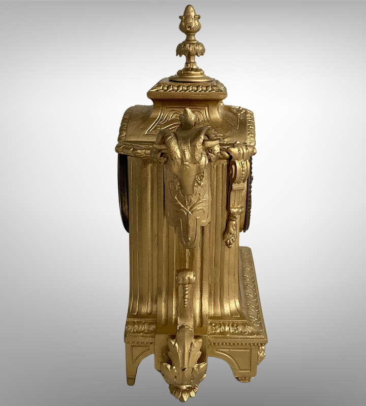 Heavy Antique French Gilt Mantel Clock with Porcelain Panels  Marked Henry Marc, Paris