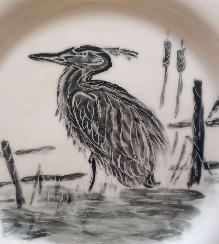 HERON Minimalist Zen Art Wall Plate by Clive, 2002  Hand-Painted Ceramic, Squarish Octagonal Shape