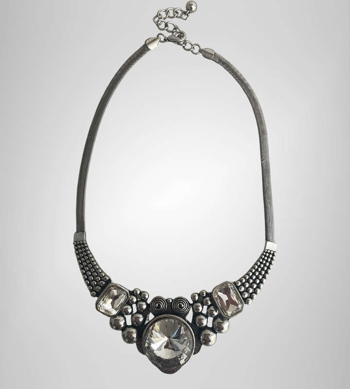Bold Chunky Statement Necklace  Silver-Tone Snake Chain with Clear Crystal Accents (47cm)